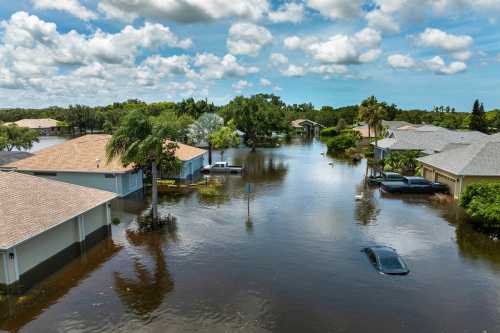 Flooded Florida street with stuck car after hurricane Debby rainfall surrounded with water. Consequences of natural disaster