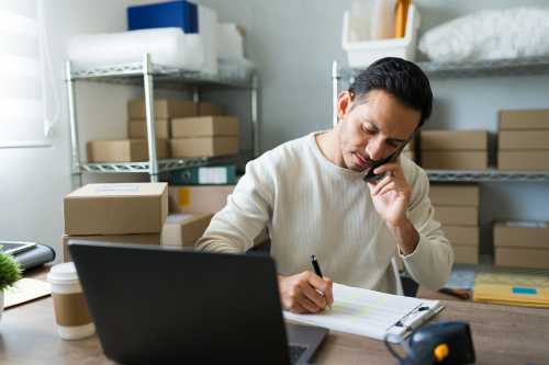 Latin entrepreneur taking notes while talking on the phone with a customer and managing orders in his small business store