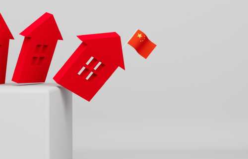 Illustration of red houses with a Chinese flag falling over a ledge.