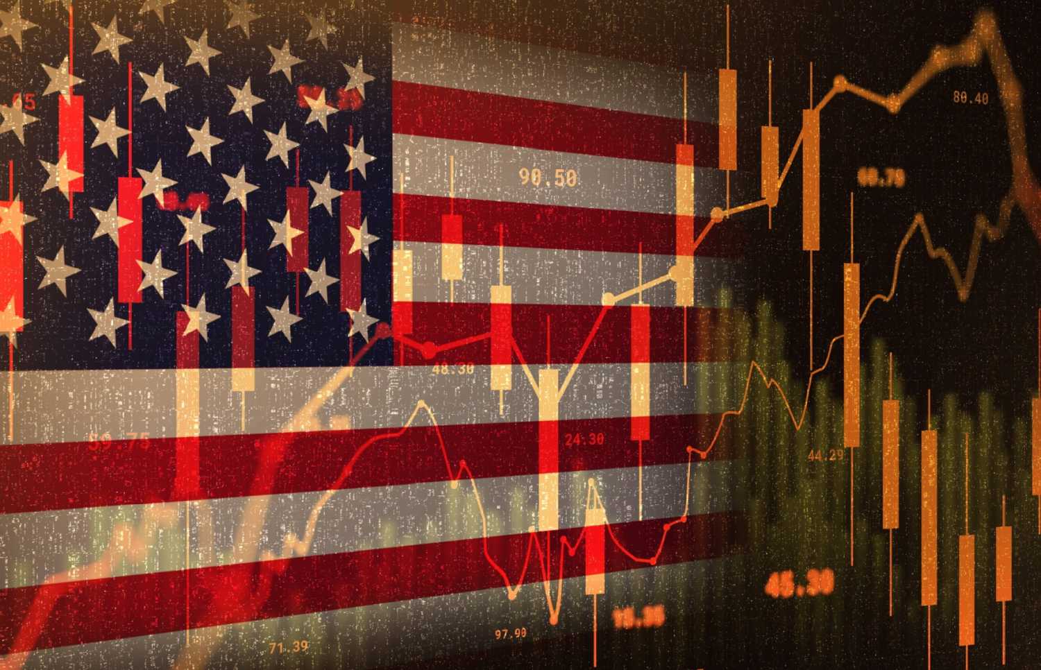 Illustration of bar charts over an American flag.