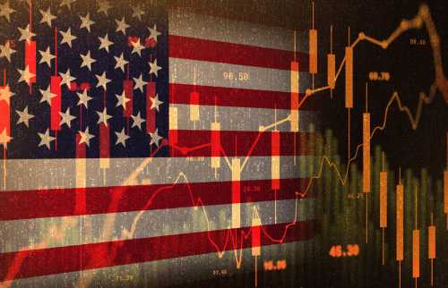 Illustration of bar charts over an American flag.
