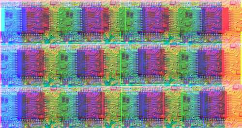 A repeating pattern of a photograph of a silicon chip, recoloured so that it is multi-coloured, in the style of pop art.