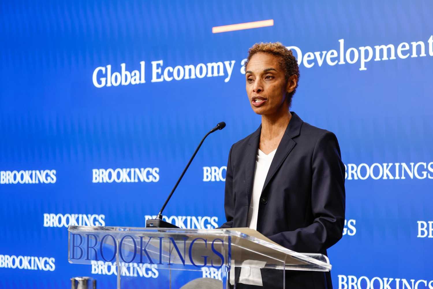 Brookings President Cecilia Rouse delivers welcoming remarks at a Brookings conversation on the role of multilateral development banks during the 2026 World Bank–IMF Spring Meetings.