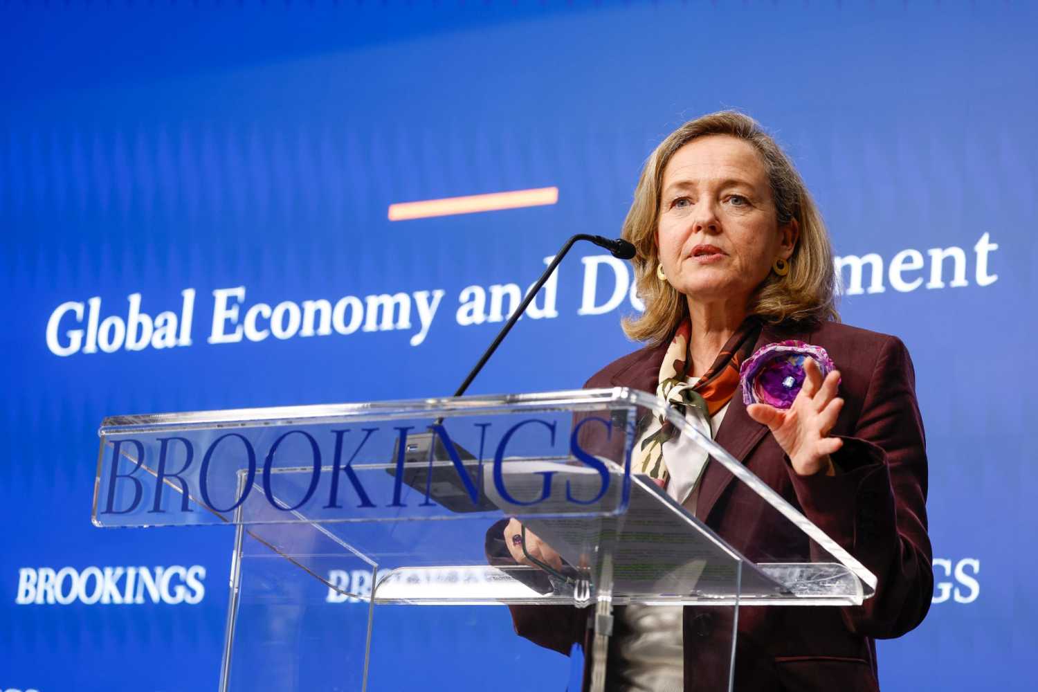 European Investment Bank President Nadia Calviño speaks during a fireside conversation at Brookings on mobilizing finance for global development and shared prosperity.