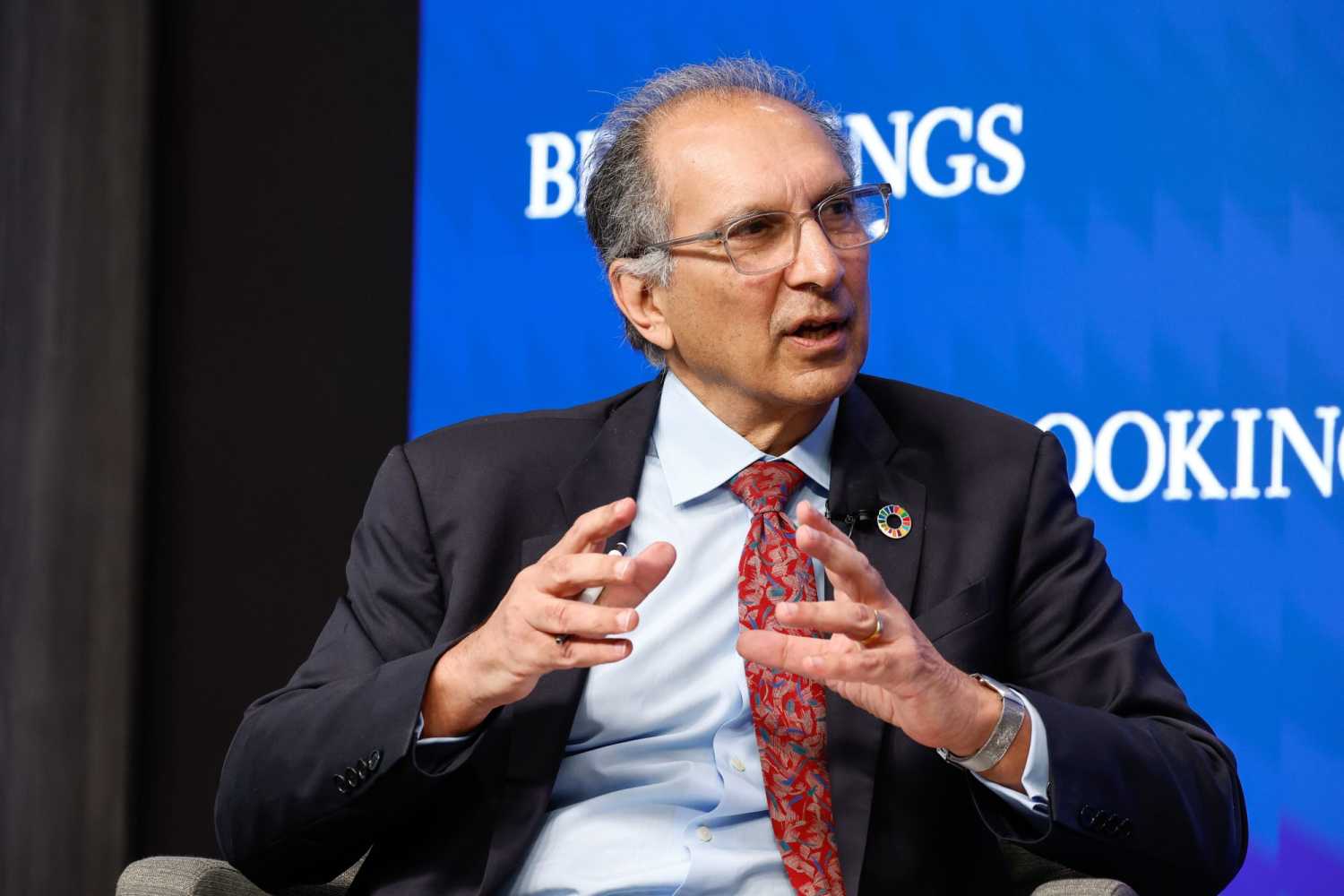 Homi Kharas moderates a Brookings fireside chat with EIB President Nadia Calviño.