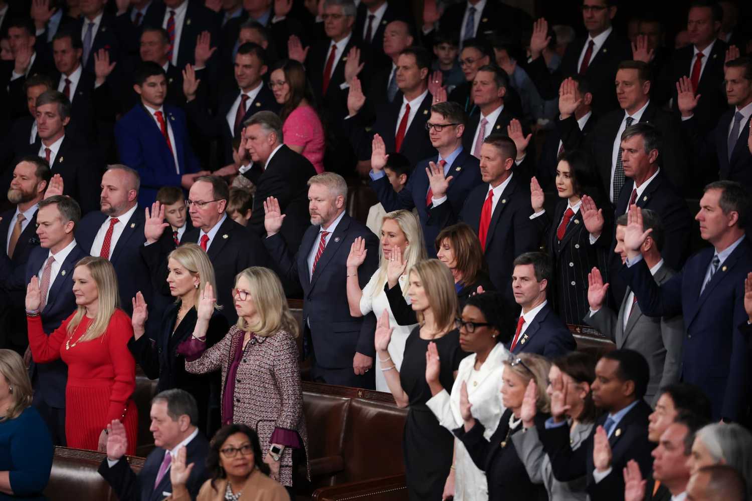 WASHINGTON, DC - JANUARY 03: U.S. Representatives of the 119th Congress are sworn in during the first day of session in the House Chamber of the U.S. Capitol on January 3, 2025 in Washington, DC.