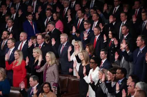 WASHINGTON, DC - JANUARY 03: U.S. Representatives of the 119th Congress are sworn in during the first day of session in the House Chamber of the U.S. Capitol on January 3, 2025 in Washington, DC.