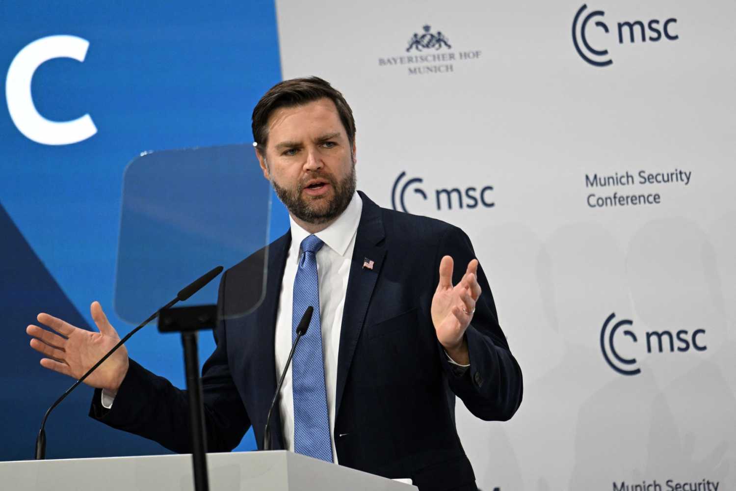 US Vice President JD Vance delivers his speech during the 61st Munich Security Conference (MSC) in Munich, southern Germany on February 14, 2025.
