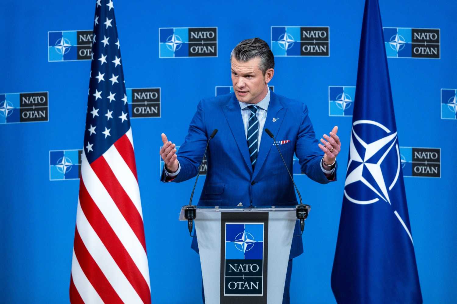U.S. Secretary of Defence Pete Hegseth holds his closing press conference at the end of defense ministers' meetings at NATO headquarters on February 13, 2025 in Brussels, Belgium.