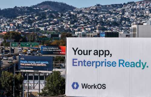 SAN FRANCISCO, CALIFORNIA - SEPTEMBER 16: In an aerial view, a billboard advertising an artificial intelligence (AI) company is posted on September 16, 2025 in San Francisco, California. As AI companies open offices in San Francisco, billboards advertising AI companies are appearing throughout the city and along Interstate 80.
