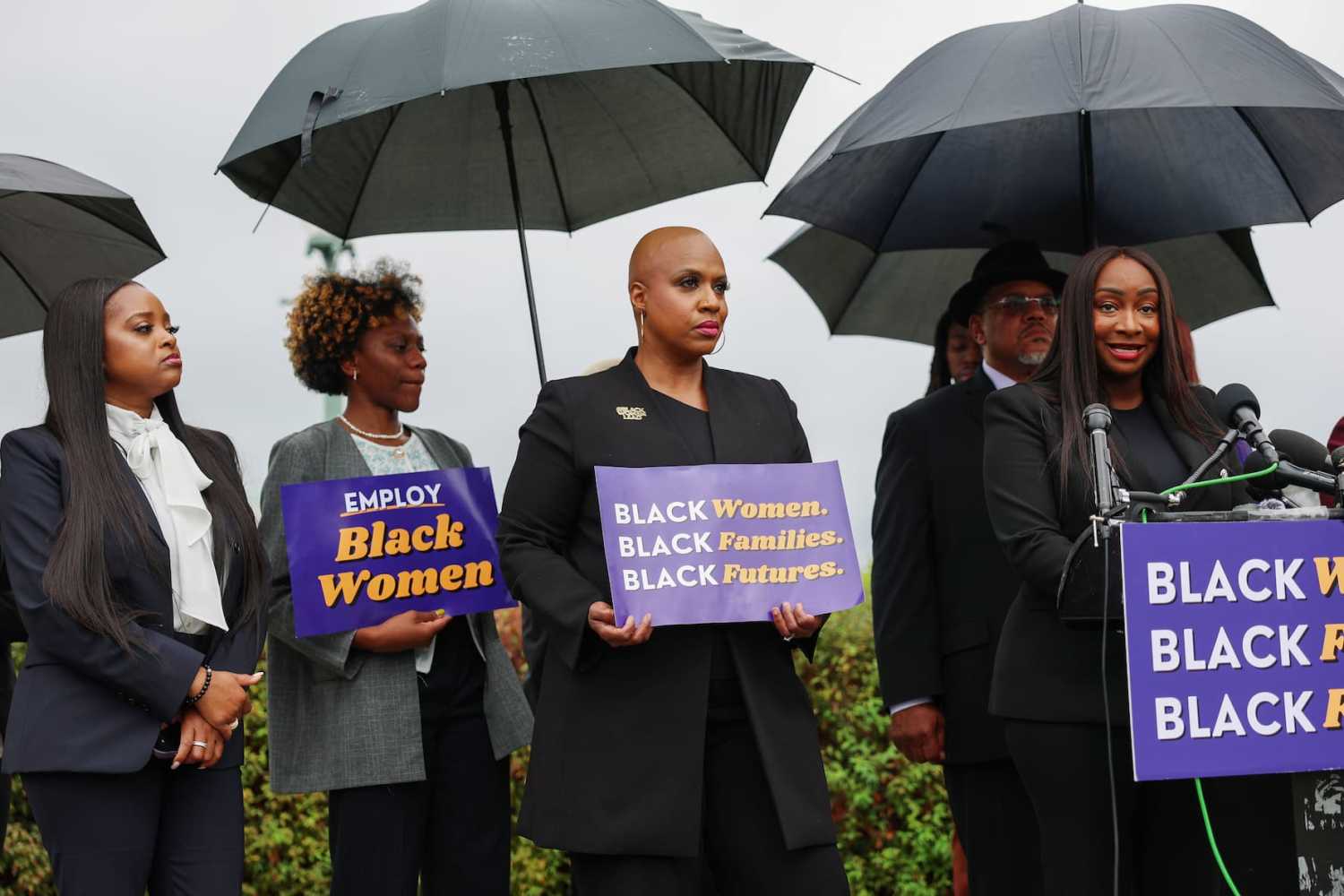 Rep. Ayanna Pressley (D-Mass.) listens during a news conference near the U.S. Capitol Building on September 25, 2025 in Washington, D.C. Pressley held the news conference to discuss the impacts of government lay offs on Black women.