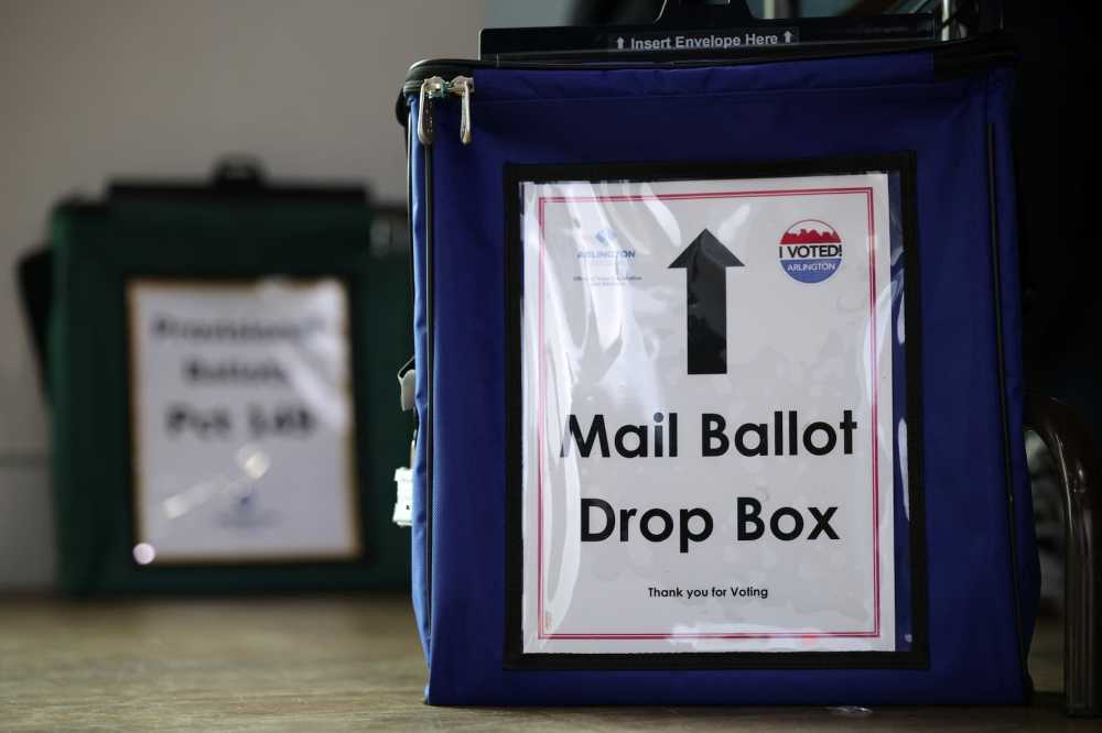 A mail ballot drop box is seen at a polling station on November 4, 2025 in Arlington, Virginia.