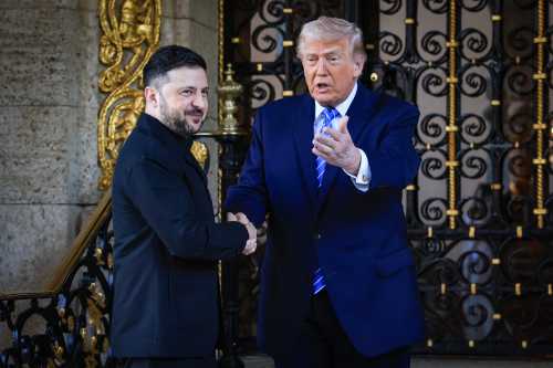 U.S. President Donald Trump greets Ukrainian President Volodymyr Zelensky at his Mar-a-Lago club on December 28, 2025 in Palm Beach, Florida.