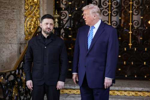 U.S. President Donald Trump welcomes Ukrainian President Volodymyr Zelensky at his Mar-a-Lago club on December 28, 2025 in Palm Beach, Florida.