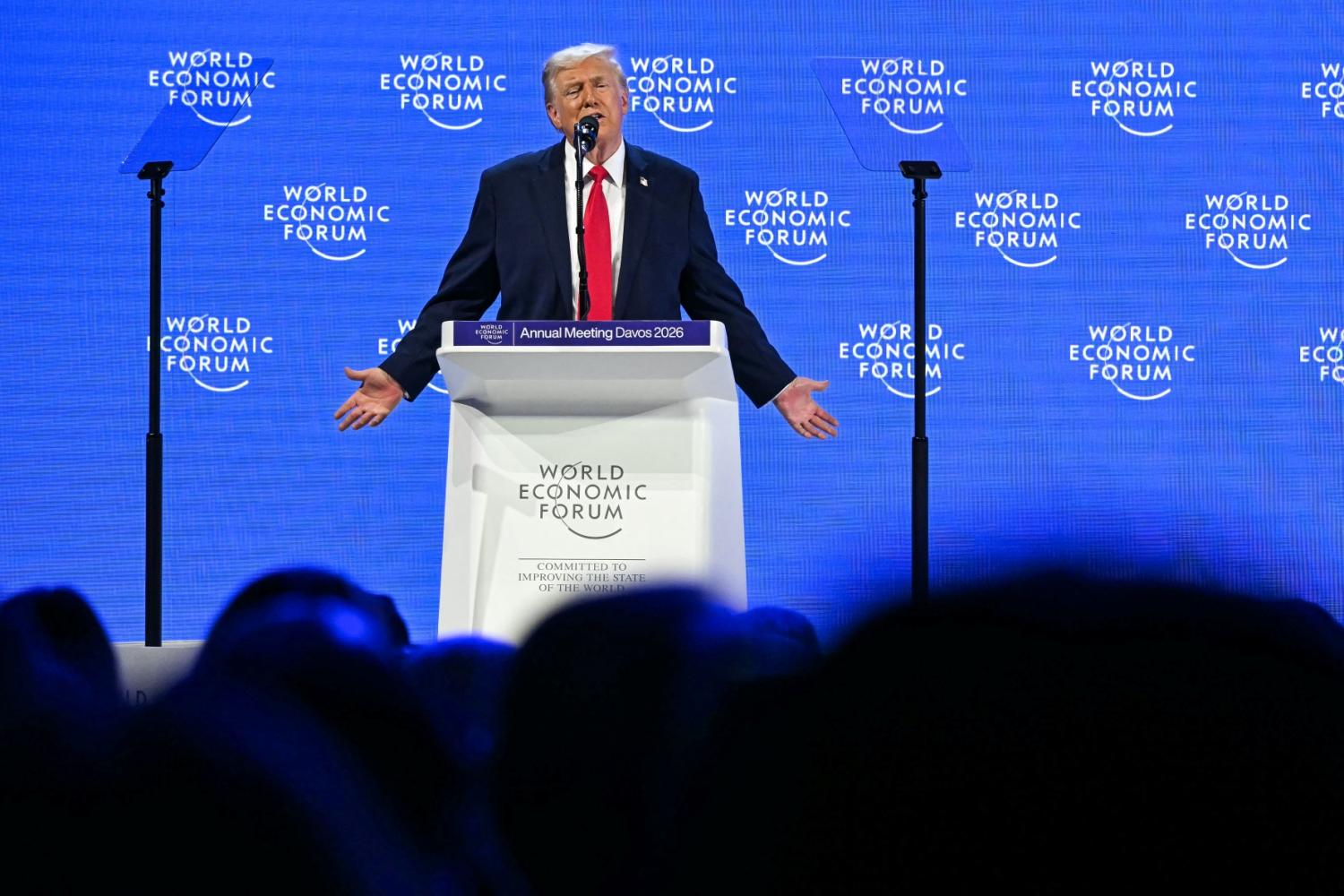 US President Donald Trump gestures as he delivers a special address during the World Economic Forum (WEF) annual meeting in Davos on January 21, 2026.