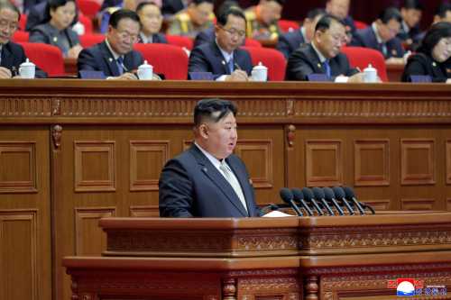 This picture taken on February 21, 2026 and released by North Korea's official Korean Central News Agency (KCNA) via KNS on February 22, 2026 shows North Korean leader Kim Jong Un reporting on the review of the work of the eighth-term Party Central Committee during the Ninth Congress of the Workers' Party of Korea in Pyongyang.