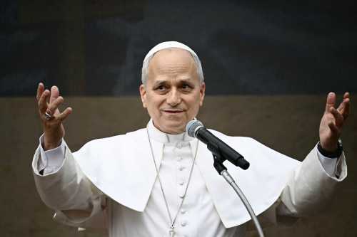 Pope Leo XIV gestures as he speaks during a pastoral visit to the "Sacred Heart of Jesus" Parish in Ponte Mammolo on the Fourth Sunday of Lent, in Rome on March 15, 2026.