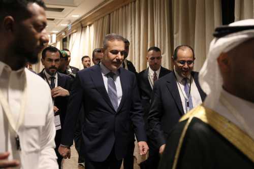 Turkish Foreign Minister Hakan Fidan (C) arrives to attend the consultative ministrial meeting in Riyadh, on March 19, 2026.