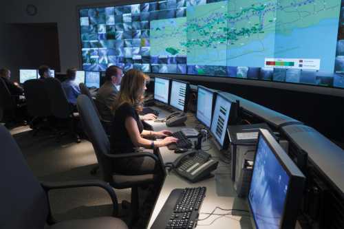 Control room at the INFORM (Information for Motorists) Transportation Management Center for remote management of traffic and incident or disaster response coordination on Long Island in New York.