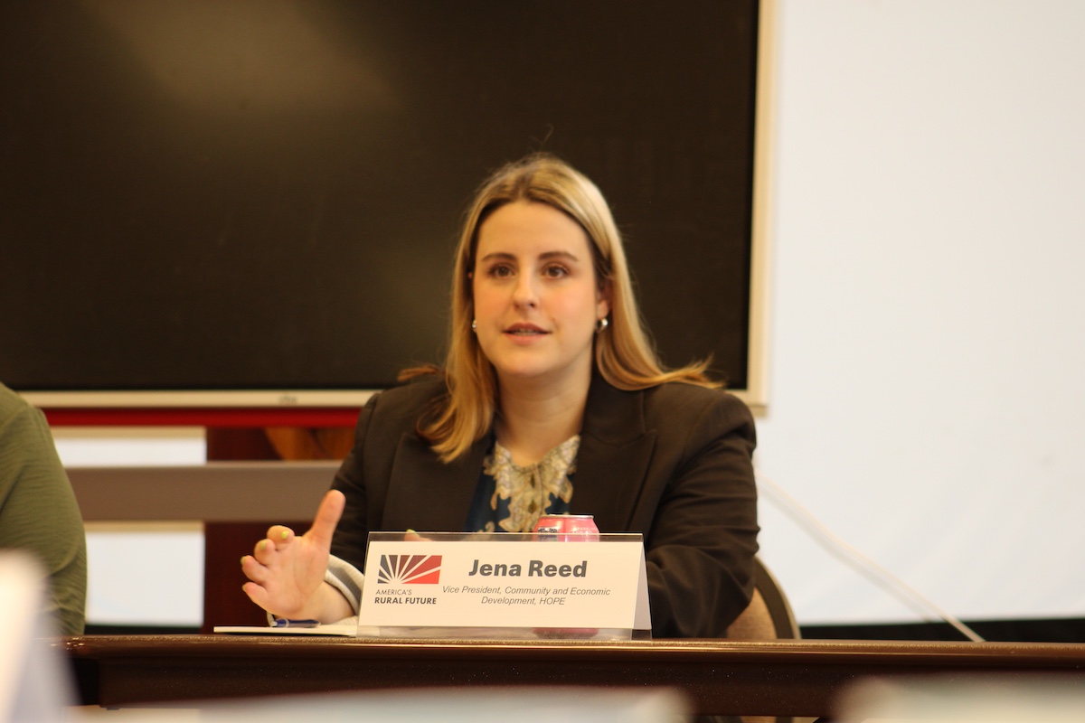 Jena Reed, vice president of community and economic development at Hope Enterprise Corporation and Hope Credit Union, speaking with the America's Rural Future Commission about the Y-16 housing initiative.