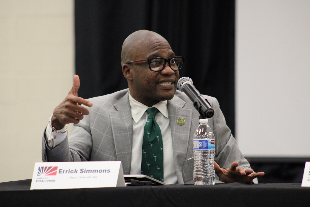 Greenville Mayor Errick Simmons addressing the America's Rural Future Commission at Mississippi Valley State University in Itta Bena, Mississippi.