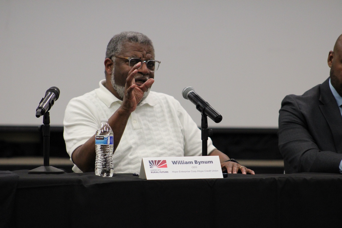 Commission Member and HOPE CEO Bill Bynum speaking during the panel discussion at the public field hearing at Mississippi Valley State University.