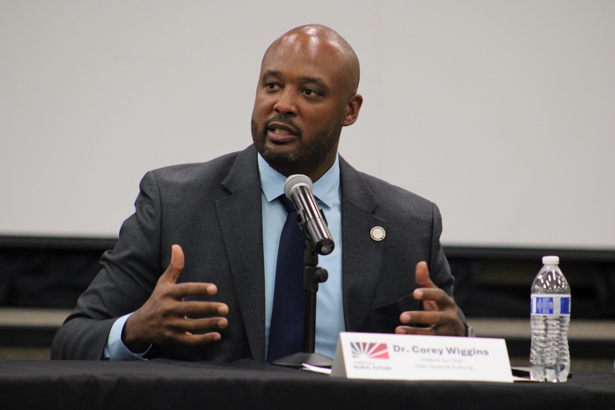 Dr. Corey Wiggins, Federal Co-Chair of the Delta Regional Authority, speaking at the public forum at Mississippi Valley State University in Itta Bena, Mississippi.