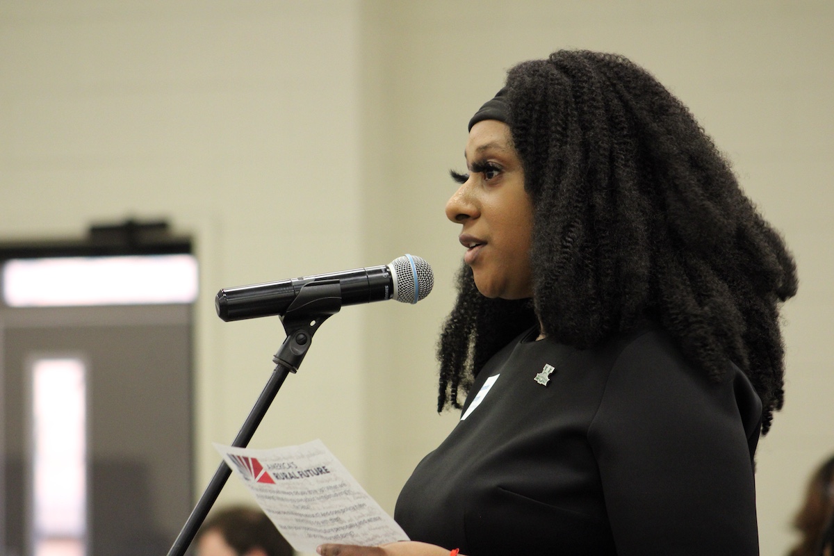 An MVSU student speaking during the public comment period at the America's Rural Future field hearing at Mississippi Valley State University.
