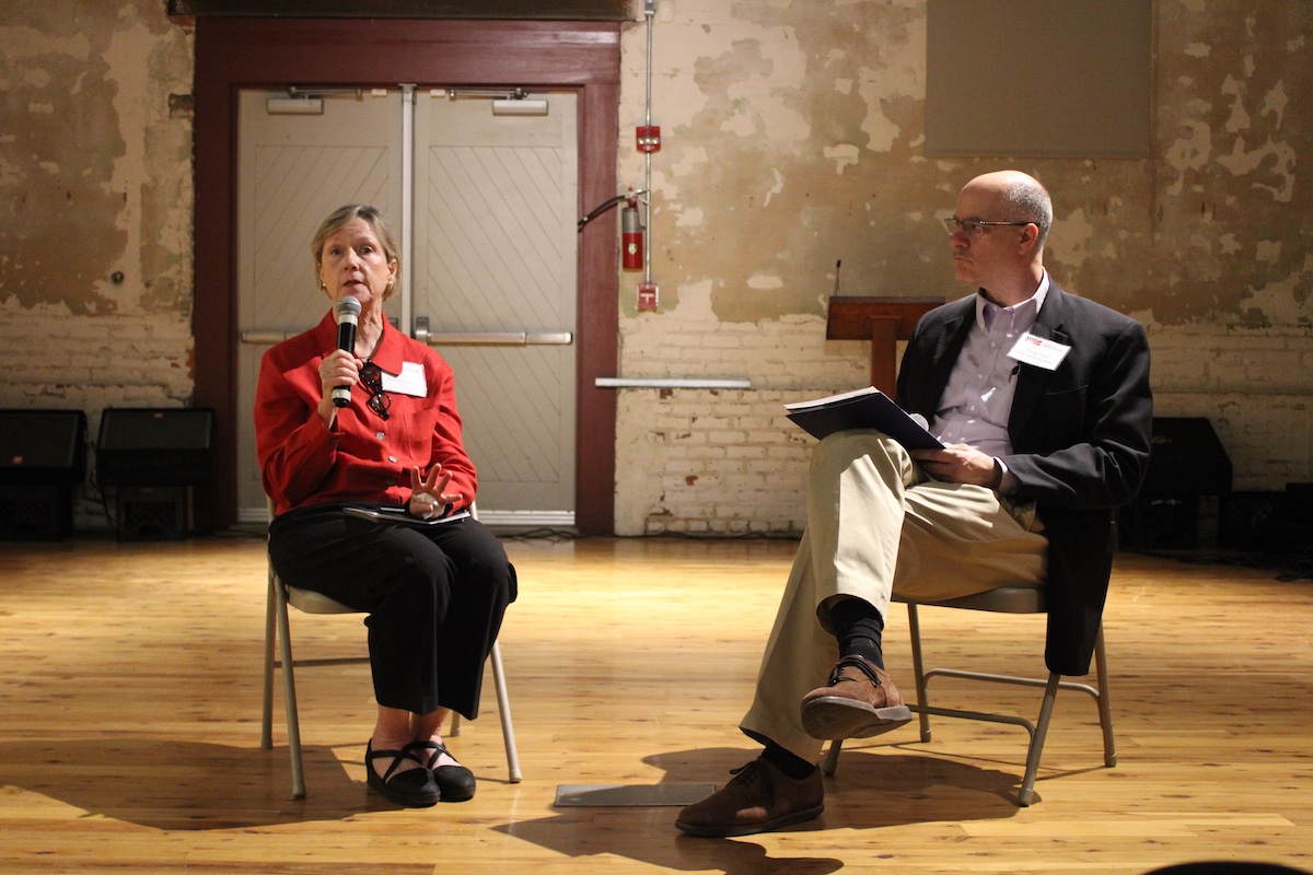 Kelly Butler speaking with Brookings Senior Fellow Tony Pipa during the evening program at the B.B. King Museum and Delta Interpretive Center in Indianola, Mississippi.