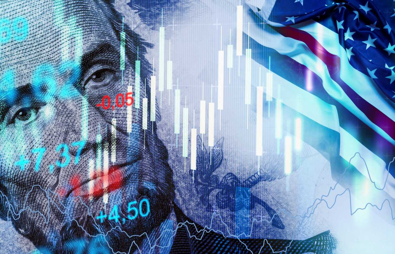 Illustration of charts on top of the American flag superimposed on Lincoln's face.