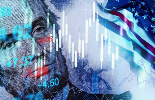 Illustration of charts on top of the American flag superimposed on Lincoln's face.