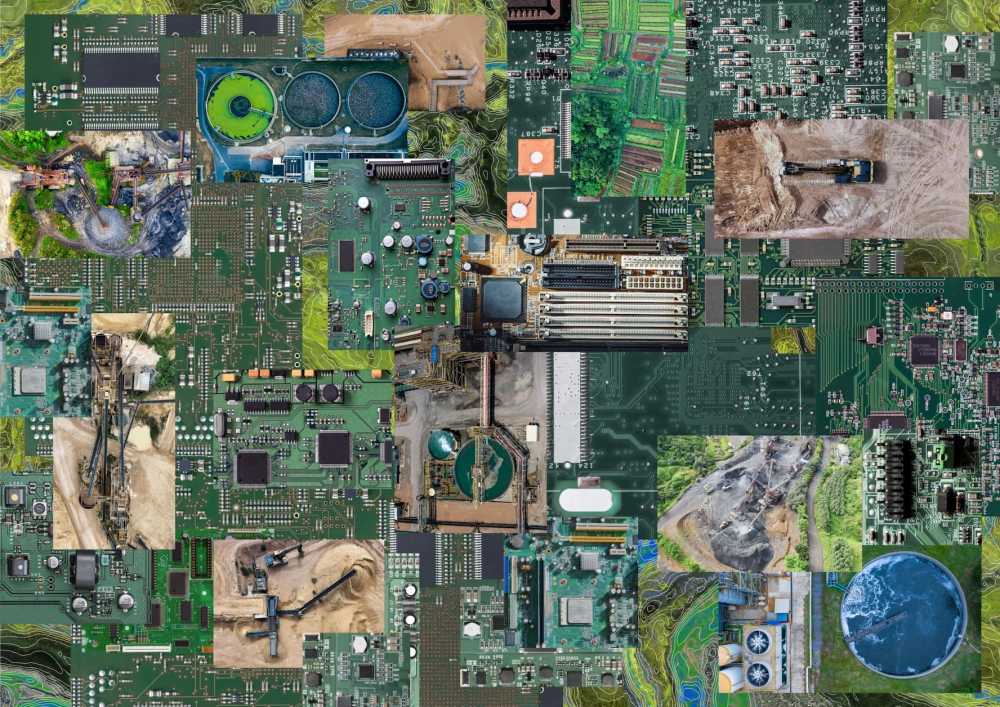 A collage of circuit boards interwoven with aerial photographs of water treatment facilities, agricultural lands, industrial sites and mining machinery.