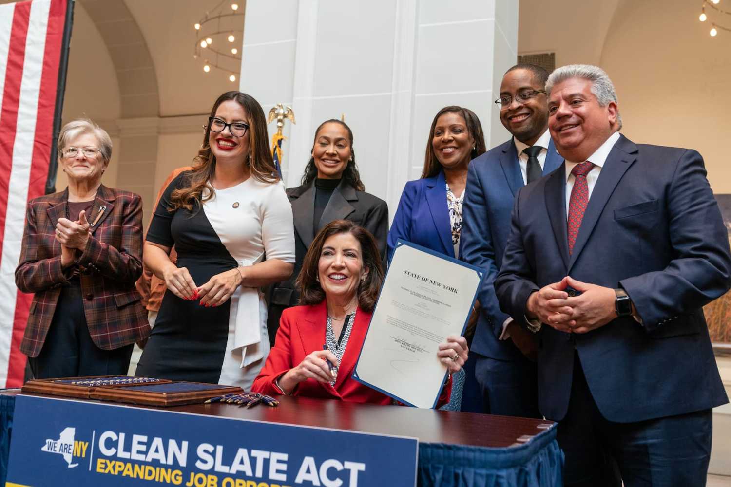 Governor Kathy Hochul signs the Clean Slate Act into the law at Brooklyn Museum in New York on November 16, 2023.