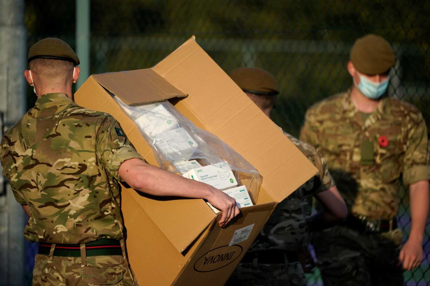 Members of the military help to set up a mass COVID-19 testing site at Wavertree Sports Park on November 6, 2020, in Liverpool, England.