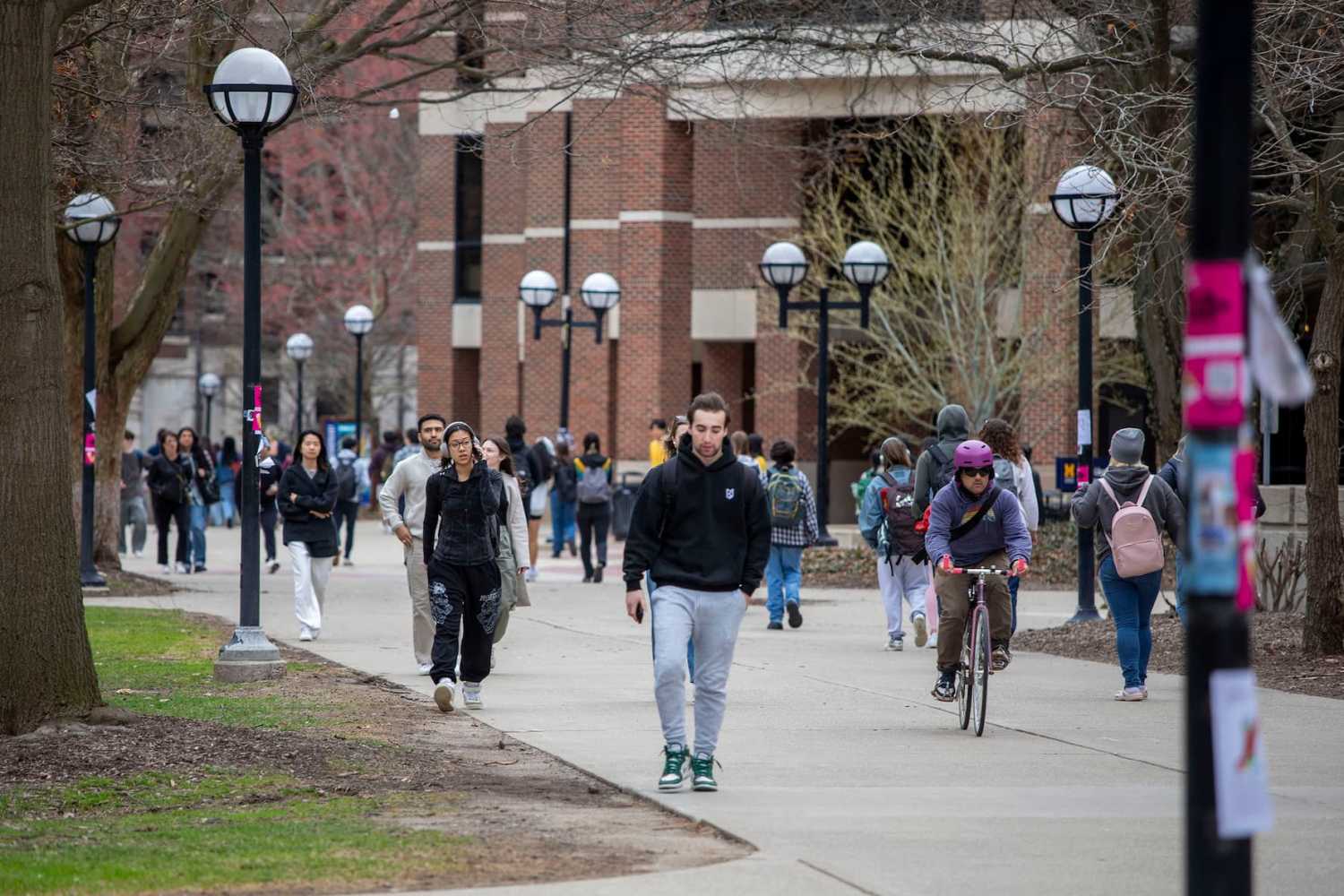 ANN ARBOR, MICHIGAN - APRIL 3: University of Michigan students walk on the UM campus on April 3, 2025 in Ann Arbor, Michigan.
