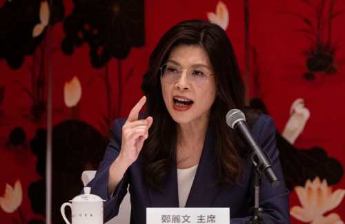 Taiwan opposition party leader Cheng Li-wun of the Kuomintang (KMT) gestures as she speaks at a press conference on April 10, 2026 in Beijing, China.