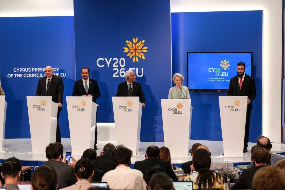 Syrian President Ahmed al-Sharaa (R) addresses the press at an informal meeting of European Union leaders on April 24, 2026,1 in Nicosia, Cyprus. The EU heads of state and government are meeting over two days to discuss the conflict in Iran and the Middle East, including freedom of navigation in the Strait of Hormuz, the effects of high fuel prices, and how Europe may contribute to de-escalation and a peace agreement.