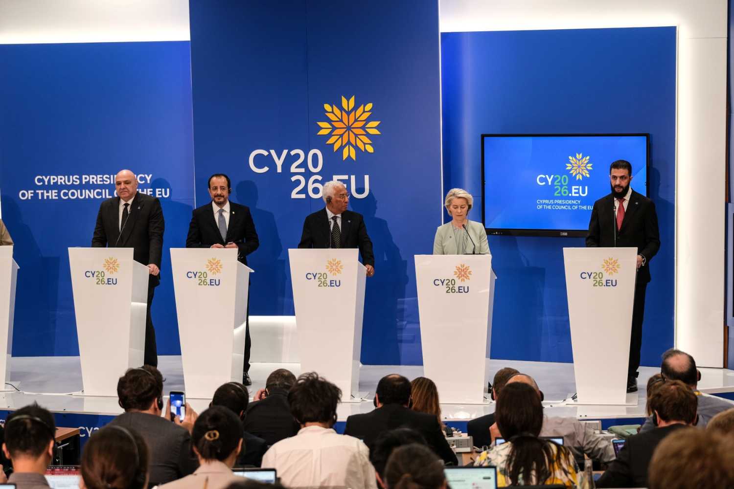 Syrian President Ahmed al-Sharaa (R) addresses the press at an informal meeting of European Union leaders on April 24, 2026,1 in Nicosia, Cyprus. The EU heads of state and government are meeting over two days to discuss the conflict in Iran and the Middle East, including freedom of navigation in the Strait of Hormuz, the effects of high fuel prices, and how Europe may contribute to de-escalation and a peace agreement.
