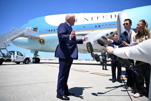 U.S. President Donald Trump speaks to the traveling press before boarding Air Force One at the Palm Beach International Airport on April 25, 2026 in West Palm Beach, Florida.