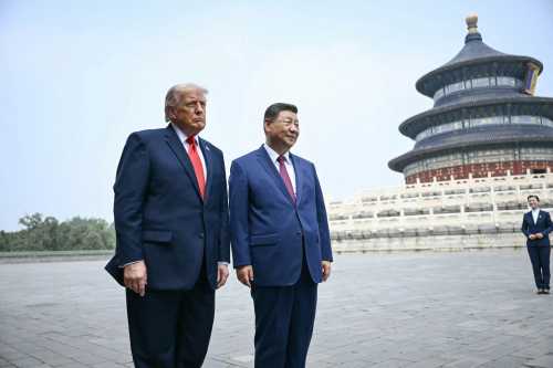 China's President Xi Jinping (R) and US President Donald Trump visit the Temple of Heaven in Beijing on May 14, 2026.
