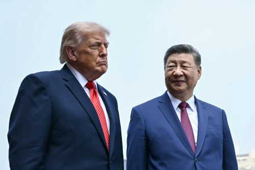 China's President Xi Jinping (R) and US President Donald Trump visit the Temple of Heaven on May 14, 2026 in Beijing, China.