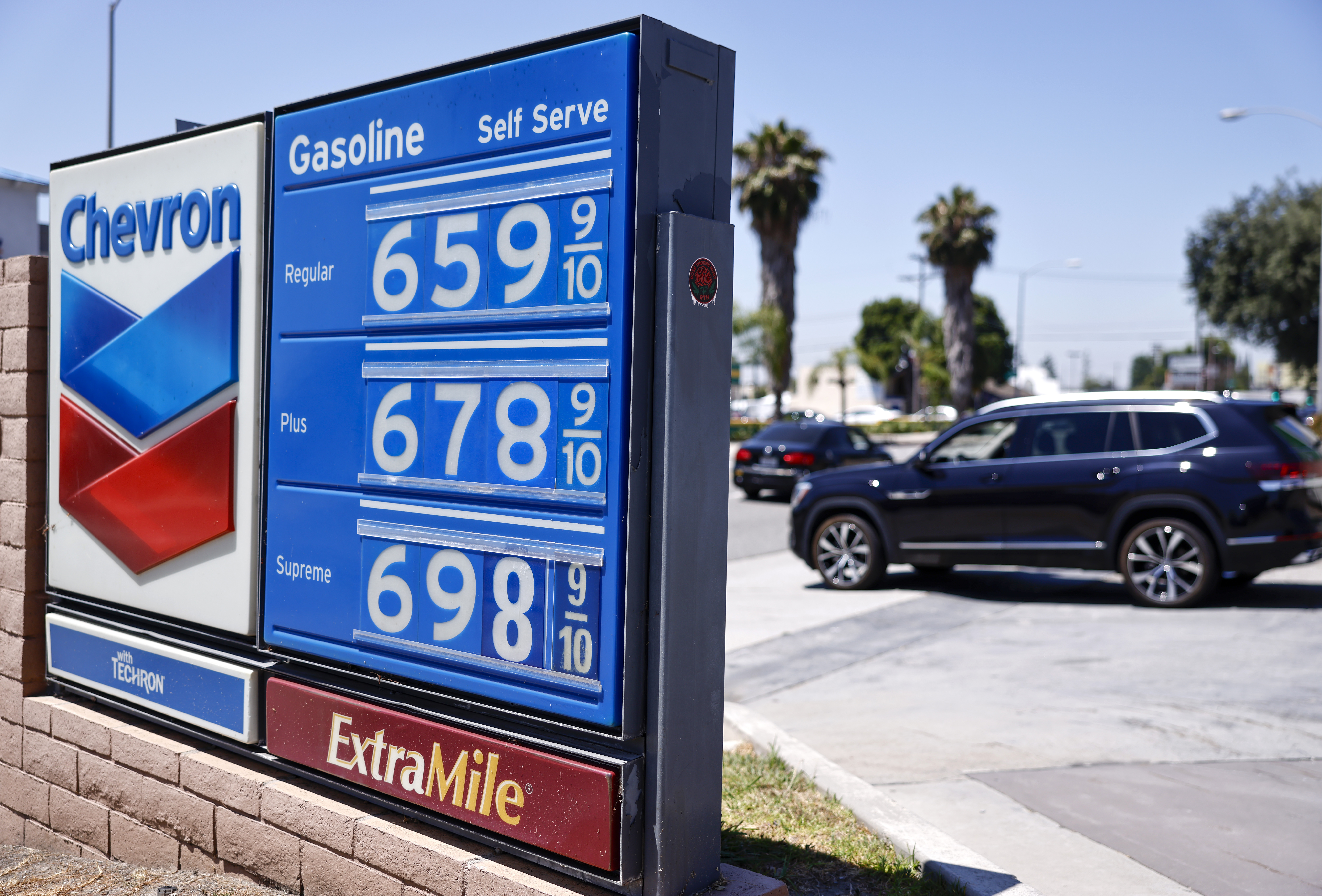 Gas prices are displayed at a Chevron gas station on May 11, 2026 in Pasadena, California.