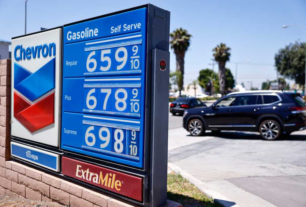 Gas prices are displayed at a Chevron gas station on May 11, 2026 in Pasadena, California.