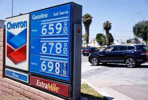 Gas prices are displayed at a Chevron gas station on May 11, 2026 in Pasadena, California.