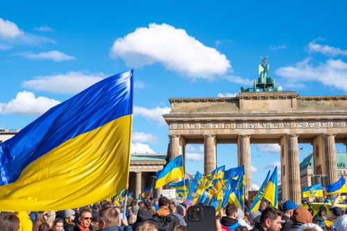 February 24, 2024: Anti war demonstration against Russian invasion of Ukraine in front of Brandenburg Gate in Berlin.
