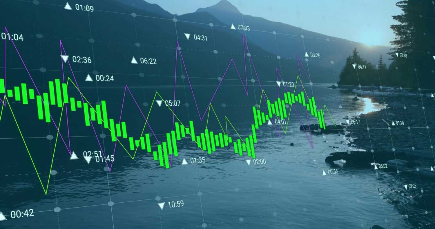 Digital stock market overlay atop natural landscape background