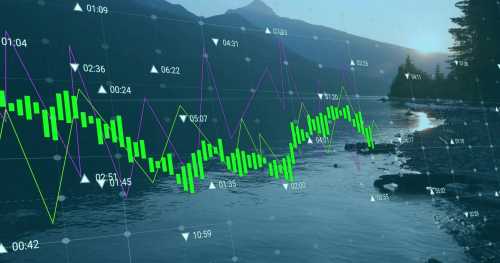 Digital stock market overlay atop natural landscape background