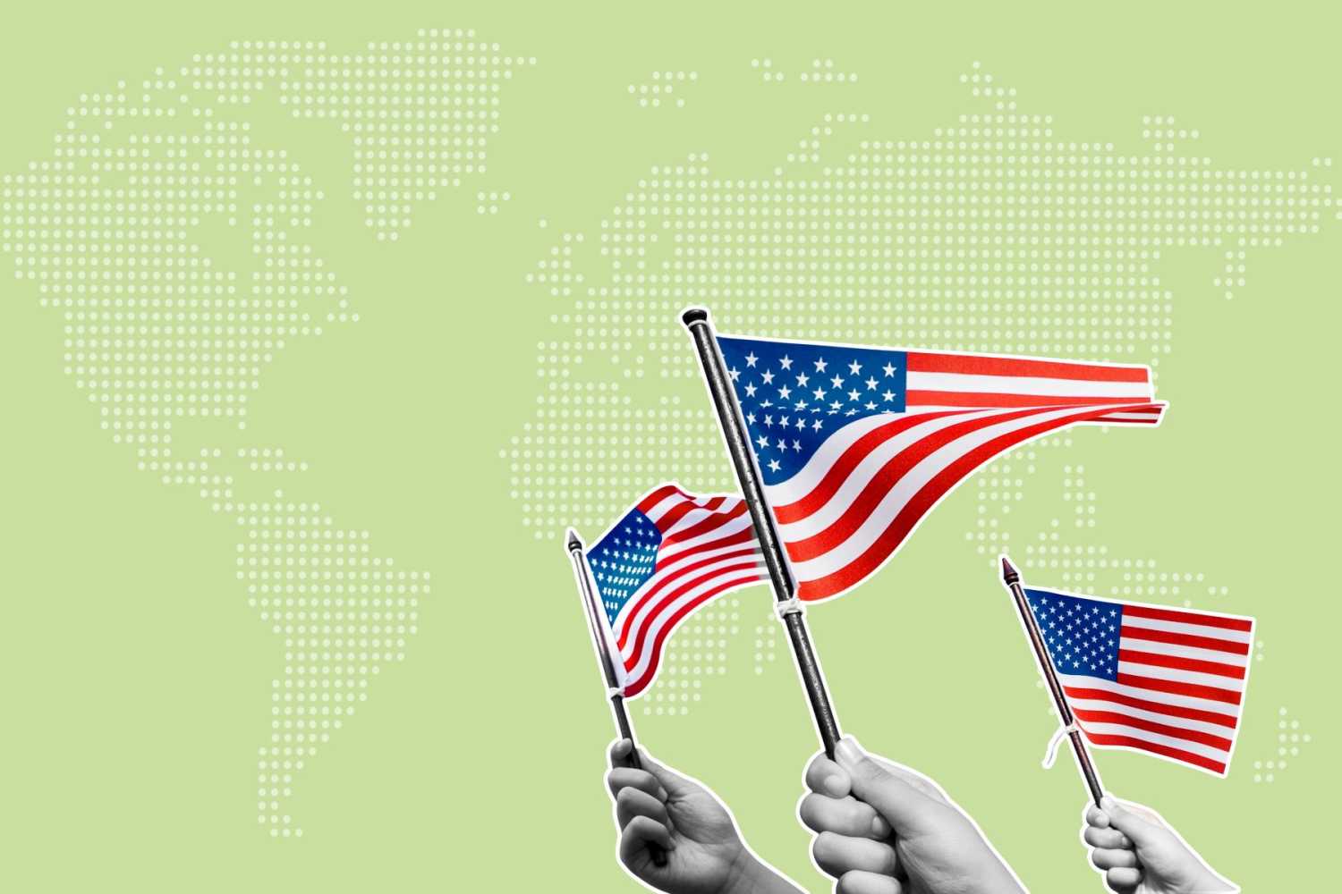 Hands wave U.S. flags in front of a world map