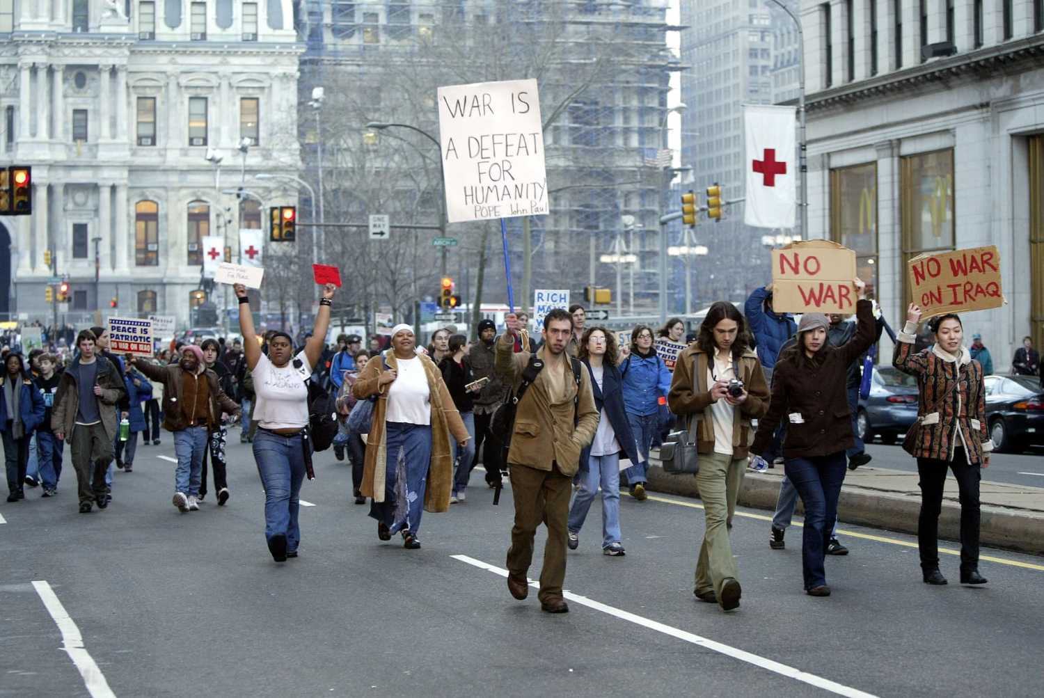 PHILADELPHIA - MARCH 5: Student anti-war protesters and peace activists rally in front of City Hall March 5, 2003 in Philadelphia, Pennsylvania. Students nationwide rallied against the impending war in Iraq during a National Day of Student Action.
