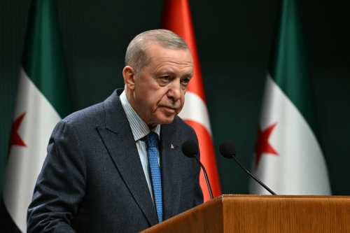 Turkish President Recep Tayyip Erdogan holds a joint press conference with the Syrian interim president following their meeting at the Presidential Palace in Ankara, on February 4, 2025.